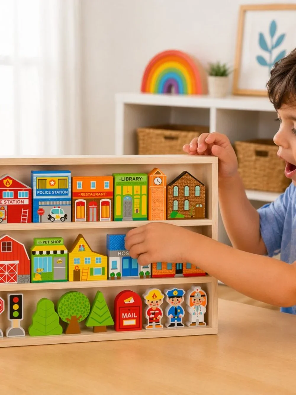 NEW Montessori Wooden Town Play Set Building Blocks Educational Toy Gift